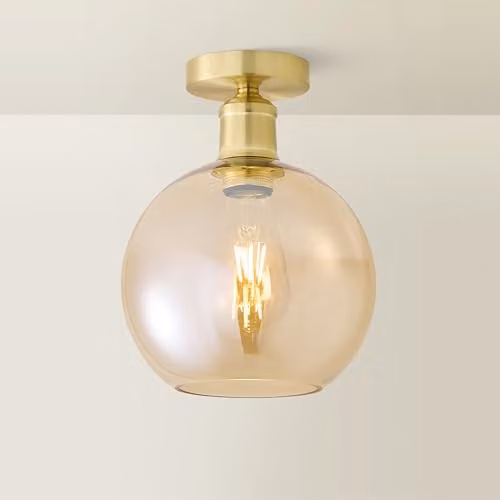 ValueLights Bellamy Amber Glass Globe Flush Ceiling Light with Bulb in Gold/Brass