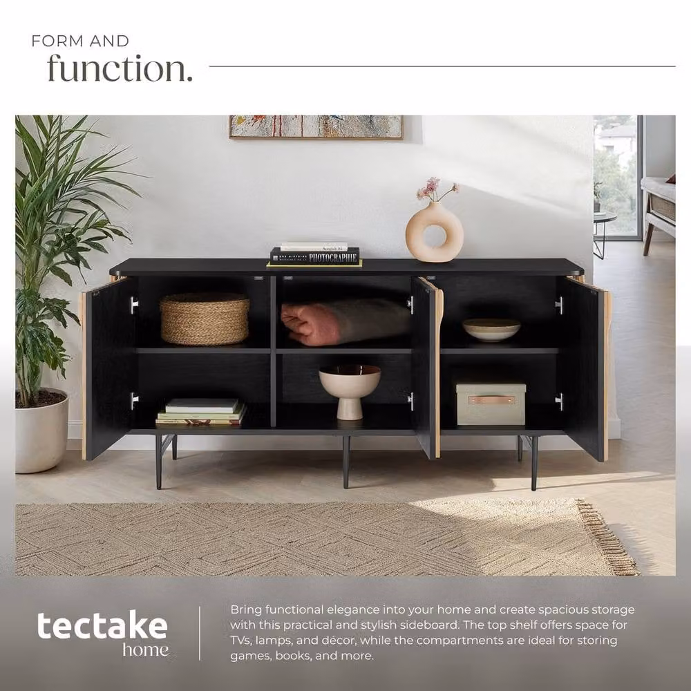 TECTAKE Lineo Modern Multicolour Striped Sideboard with Media Compartments – 4