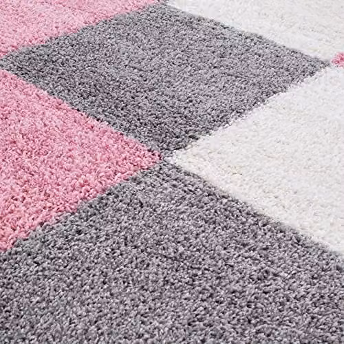 THE RUGS Modern Checked Shaggy Area Rug in Pink and Grey, W: 200 cm, D: 290 cm – 2
