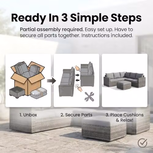 Bravich 6 Seater Grey Polyrattan L Shape Garden Furniture Set with Ottoman and Cushions – 6