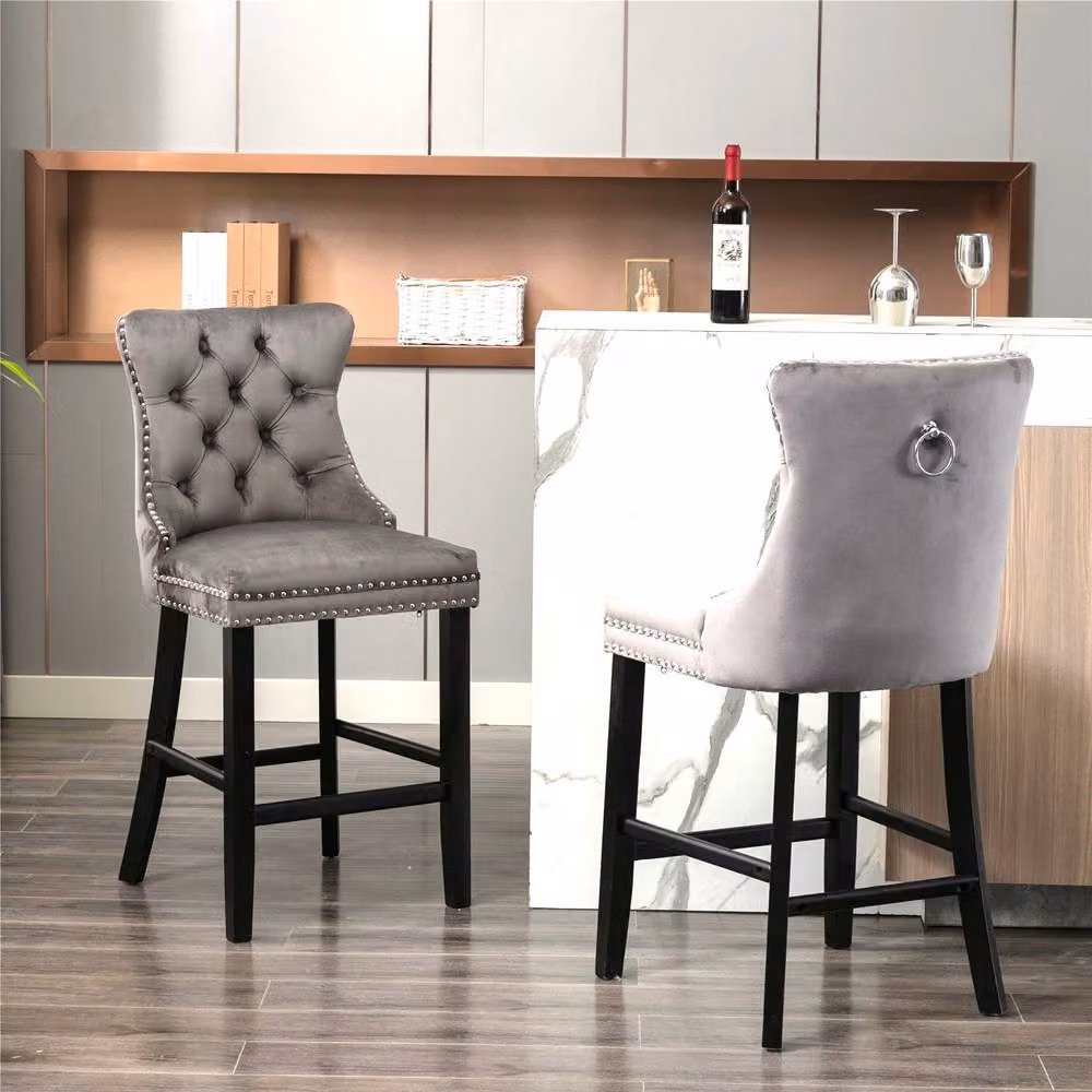 Modern Home Touch Romsey Velvet Kitchen Breakfast Barstools with Oak Wooden Legs and Knocker Ring Back in Grey – 3