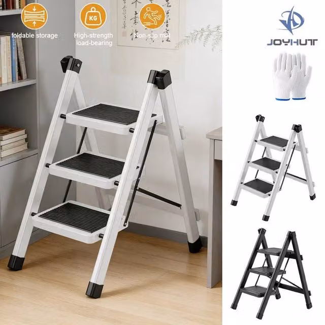 FLAVORA White 3 Step Folding Steel Ladder with Rubber Feet