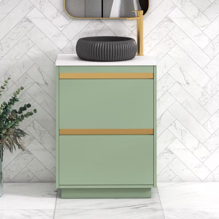 Royal Bathrooms Orion 600mm Mint Sage Floor Standing Vanity Unit with Milan Black Basin and Brushed Brass Accent Trim