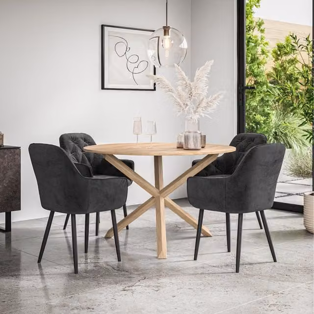 More4Homes Malvern Round Oak Effect Dining Table Set with 4 Black Anika Velvet Chairs, Diameter: 120 cm