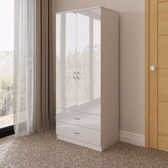 FWStyle Gloss White 2 Door 2 Drawer Combination Wardrobe with Soft Close Hinged Doors