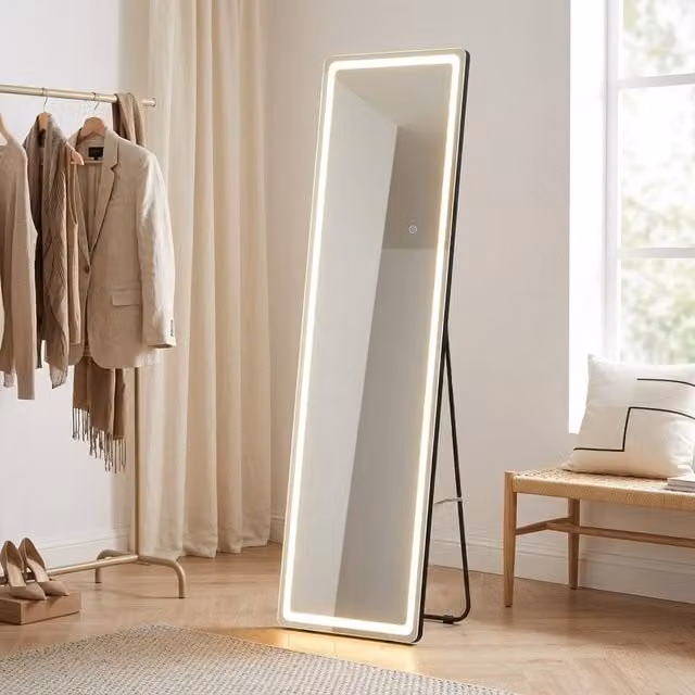 STILVORA Full-Length Rectangular Mirror with Dimmable LED Lights and Aluminium Frame, H 160 cm x W 40 cm