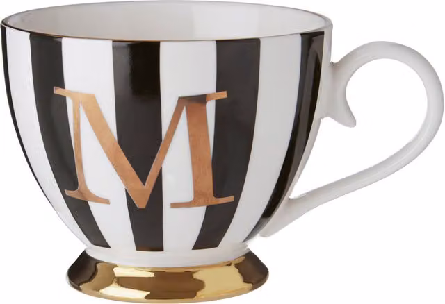 Orsina Duchess Striped Monogram Bone China Mug in Black, White and Gold – 1