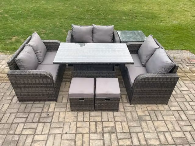 Fimous 3 Piece Rattan Garden Furniture Set with Adjustable Lifting Dining Table, Side Table and 2 Small Footstools in Dark Grey