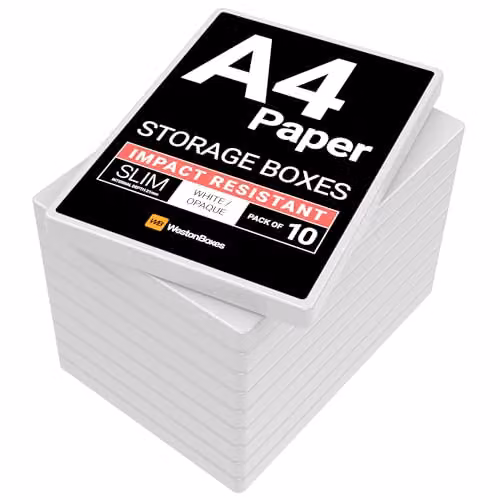 WestonBoxes Pack of 10 A4 Slim Plastic Storage Boxes with Lids in White and Transparent – 2