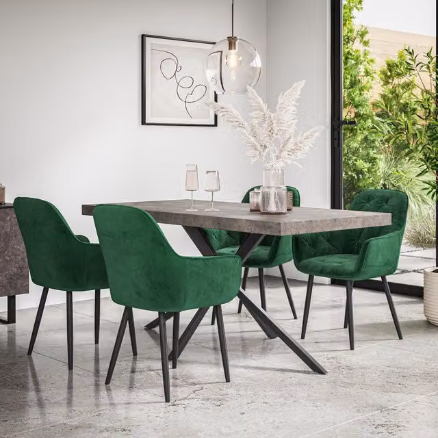 More4Homes Donni Dining Table and Anika Velvet Dining Chair Set, Concrete Effect Table Top with Black Legs and 6 Green Chairs – 1