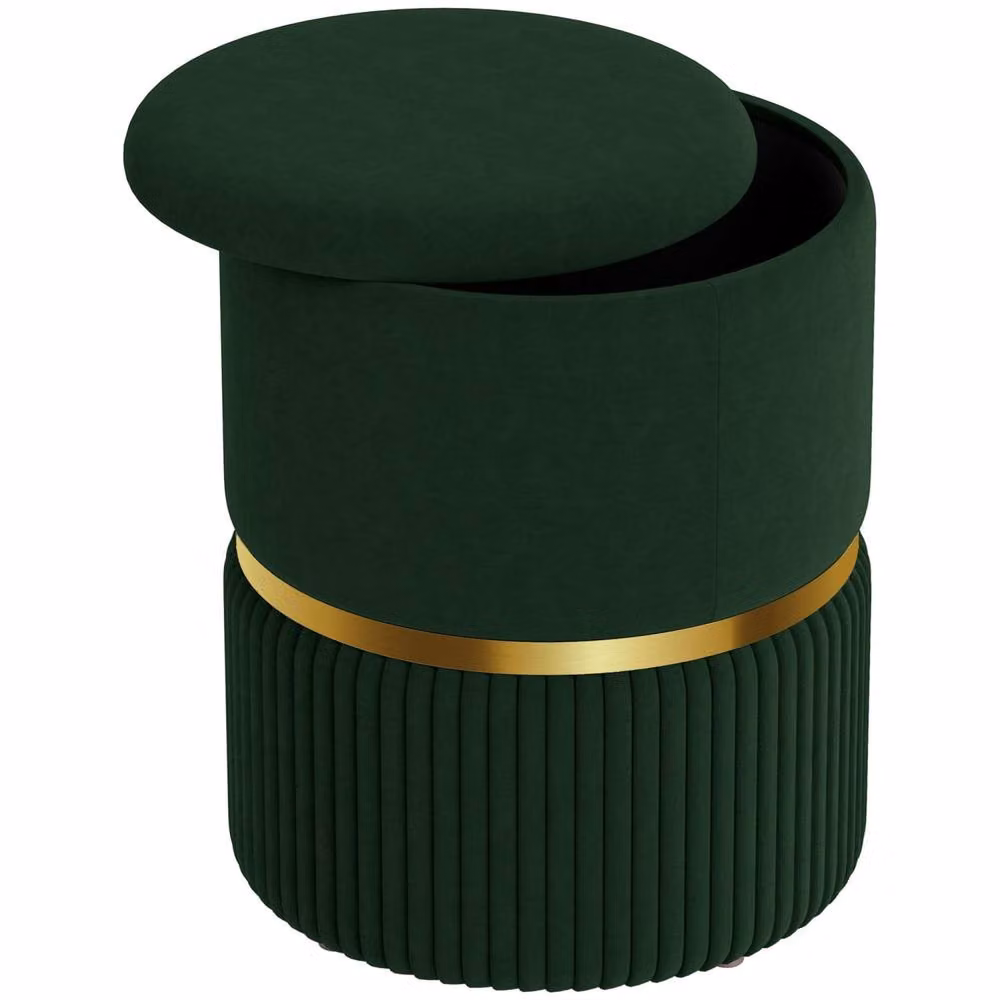 Wyld Haus Rapa Dark Green Etched Velvet Cylindrical Storage Ottoman with Gold Detail – 2