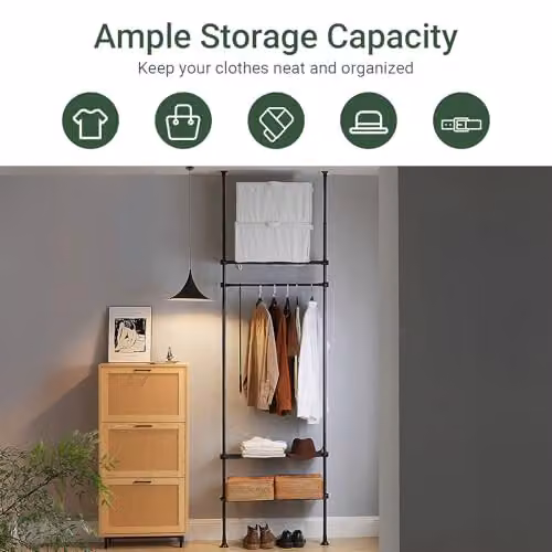 SoBuy Black Telescopic Clothes Rail with Storage Shelves, Width: 52-80 cm, Height: 160-173 cm, Depth: 27 cm – 3