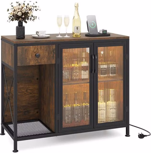 Gymax Brown Industrial Buffet Sideboard with Integrated LED Lighting and Power Outlets
