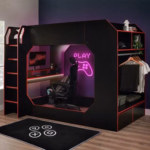 Recoil Boss Pod Small Double Gaming High Sleeper Bed with Desk and Drawers, Black