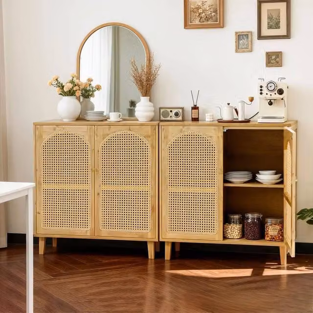 FORGEVIO Set of 2 Modern Farmhouse Sideboard Buffet Cabinets in Beige with Rattan and Wood Details
