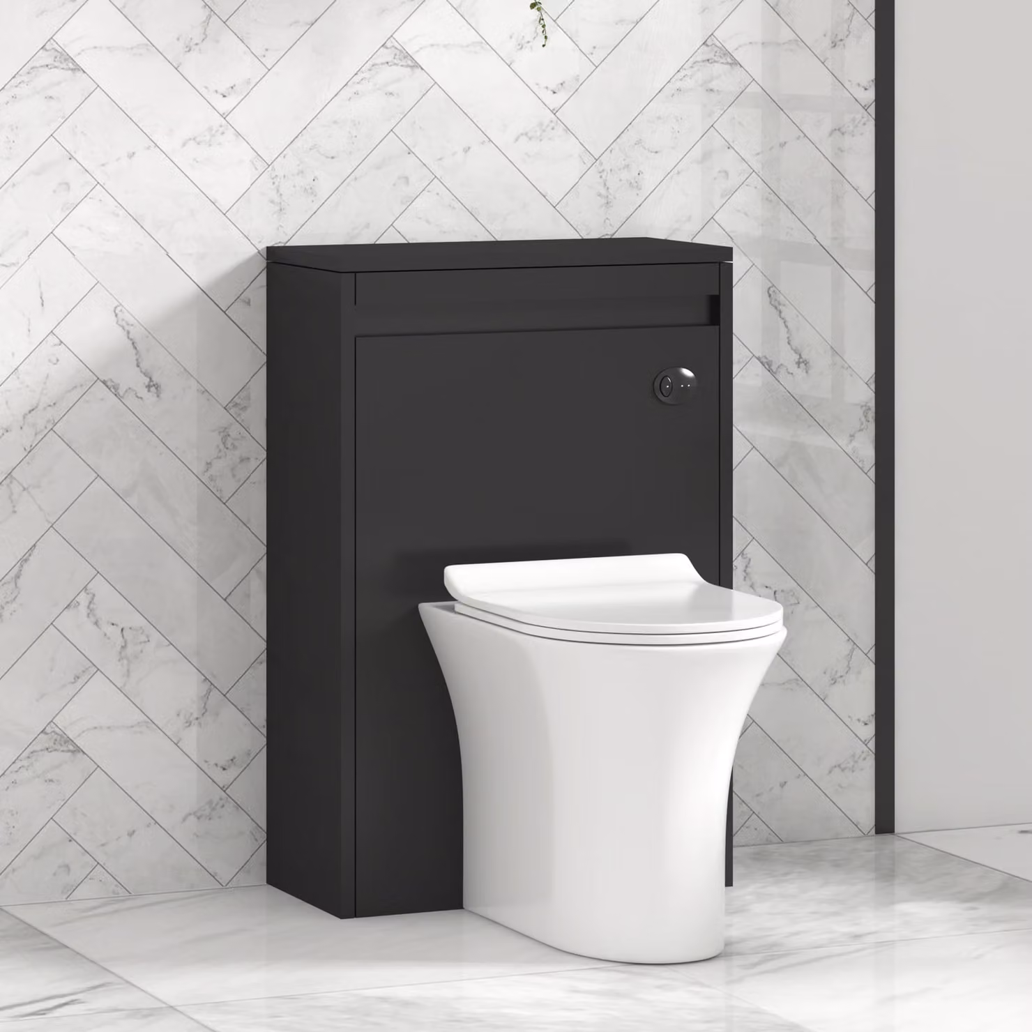 Royal Bathrooms Orion Matt Obsidian Black BTW Wall Mounted WC Unit with Breeze Rimless Ceramic Toilet Pan, Slim Soft Close Seat and Cistern, Width: 54 cm