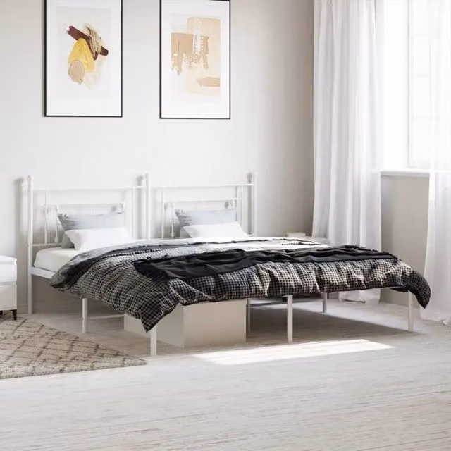 Berkfield Home Metal Bed Frame with Headboard, White, W: 183 cm, L: 213 cm