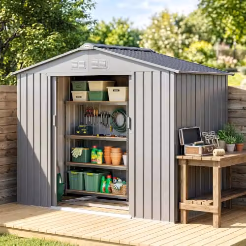 Outsunny Metal Garden Shed in Grey with Foundation Kit, Double Doors and Side Vents – 7