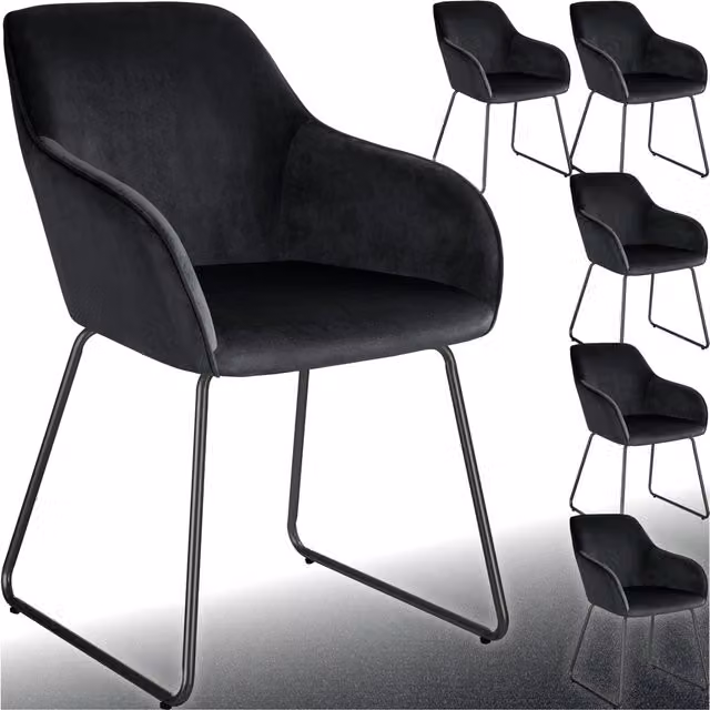 tectake Jeane Dining Chair Set of 6, Black Velvet Look with Cantilever Base