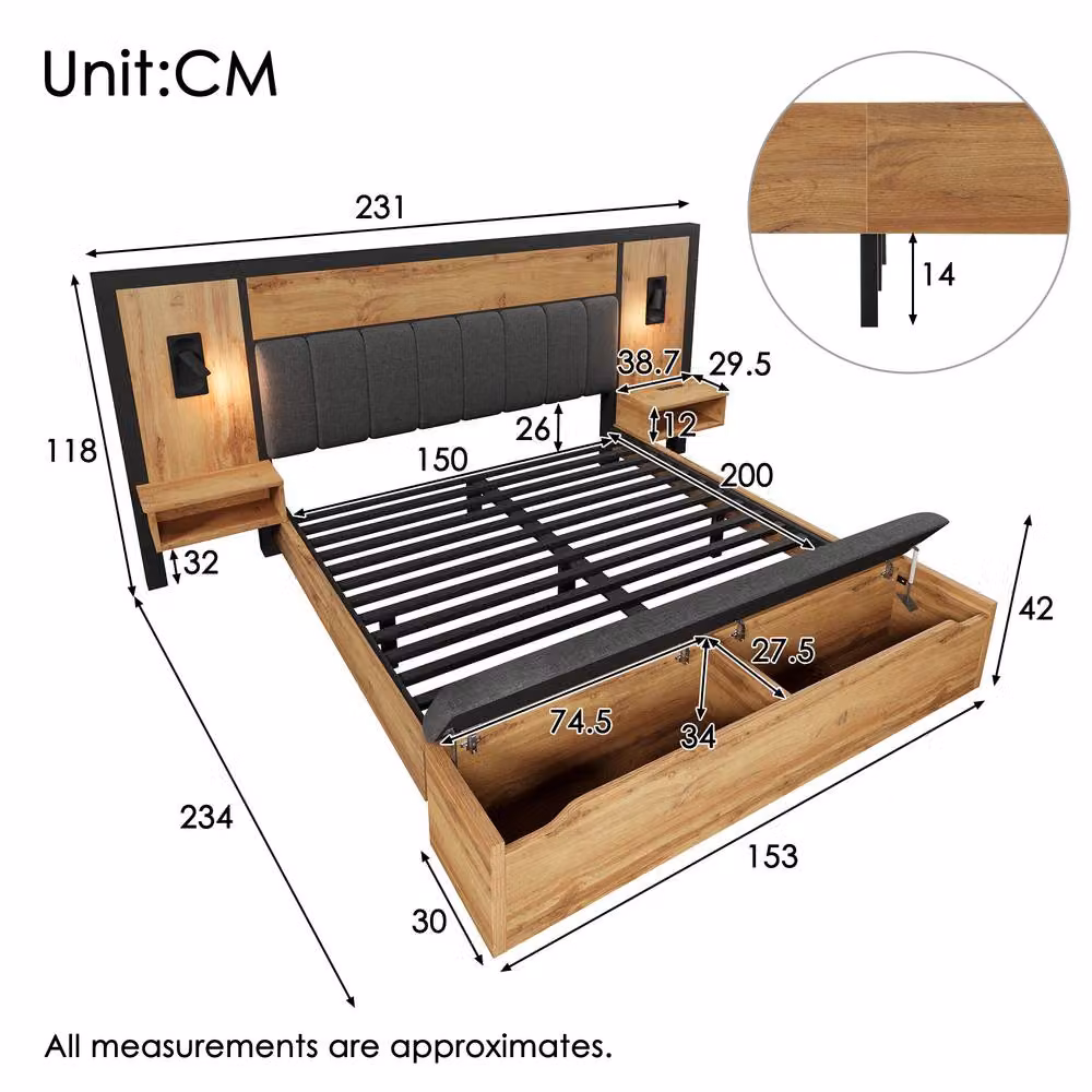 Merax Oak King Upholstered Bed in Grey with Lift-Up Storage, Integrated Reading Lights, Bedside Shelf and USB Charging Port, W/D/H: 150 x 200 cm – 2