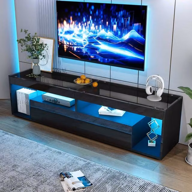 STILVORA Modern Black Glossy TV Stand with Glass Top and 2 Drawers, W/D/H: 180 x 40 x 46 cm