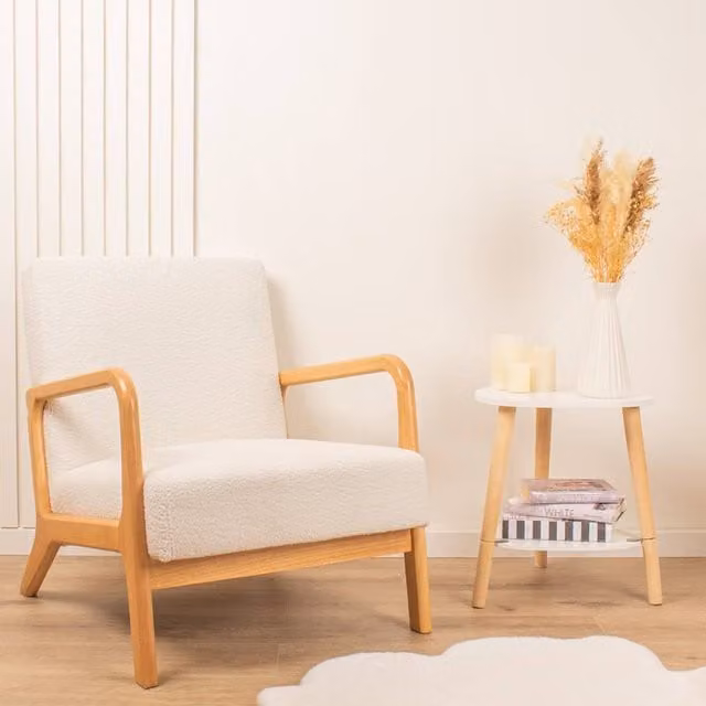 Scottish Everlastings Ltd Beige Boucle Lounge Chair with Curved Arms and Solid Wood Frame