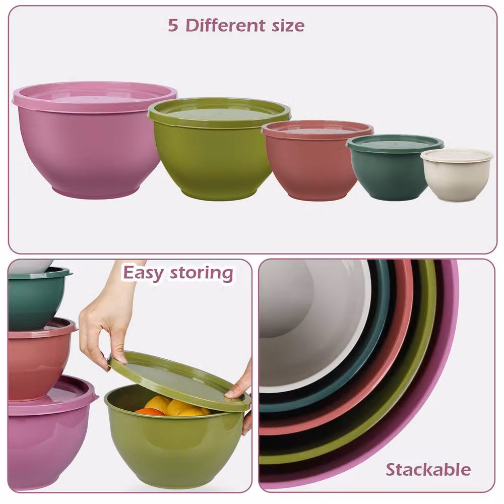 Greentainer 5 Piece Multicolour Nesting Plastic Mixing Bowls Set with Lids – 2