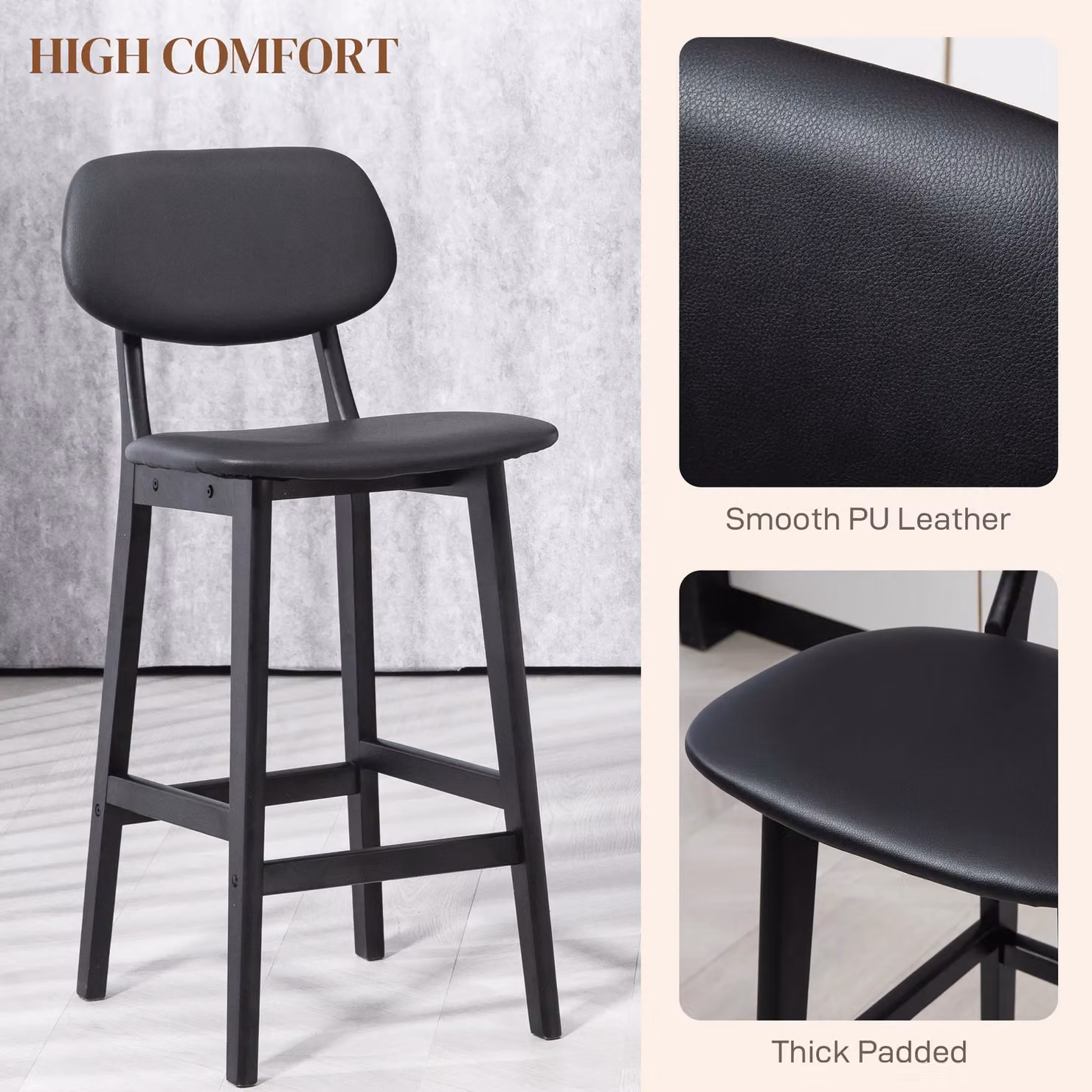 HOMCOM Set of 2 Black PU Leather Breakfast Bar Stools with Wood Legs – 5