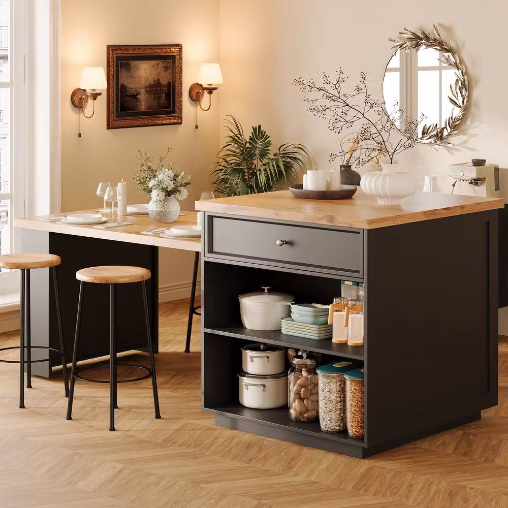BTM Extendable Kitchen Island Rolling Storage Cart with Drawers in Black – 3