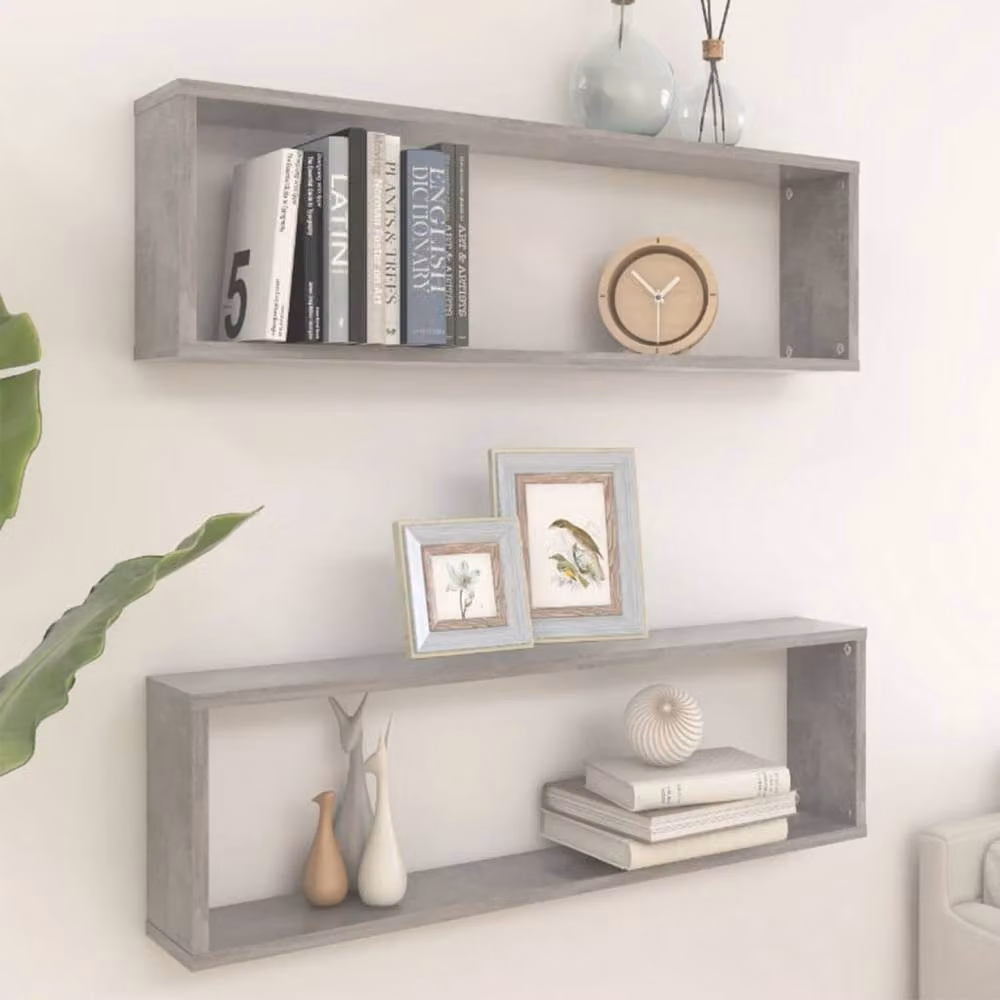 Berkfield Home Wall Cube Shelf, 2 Piece Set, Concrete Grey, W/D/H: 100 x 15 x 30 cm – 2