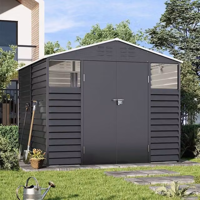 Breeins Metal Outdoor Tool Storage Shed with Window and Shelving, Charcoal Black