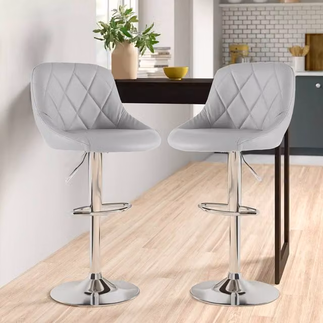 Neo Set of Two Madrid Grey Synthetic Leather Swivel Bar Stools with Metal Legs – 1
