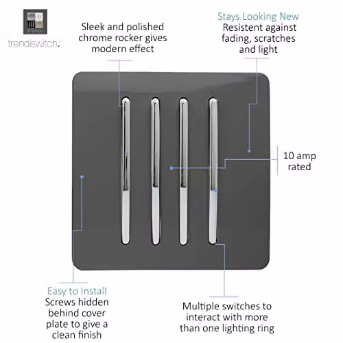 Trendi 4 Gang 2 Way Modern Glossy Rocker Tactile Light Switch, Grey – 2