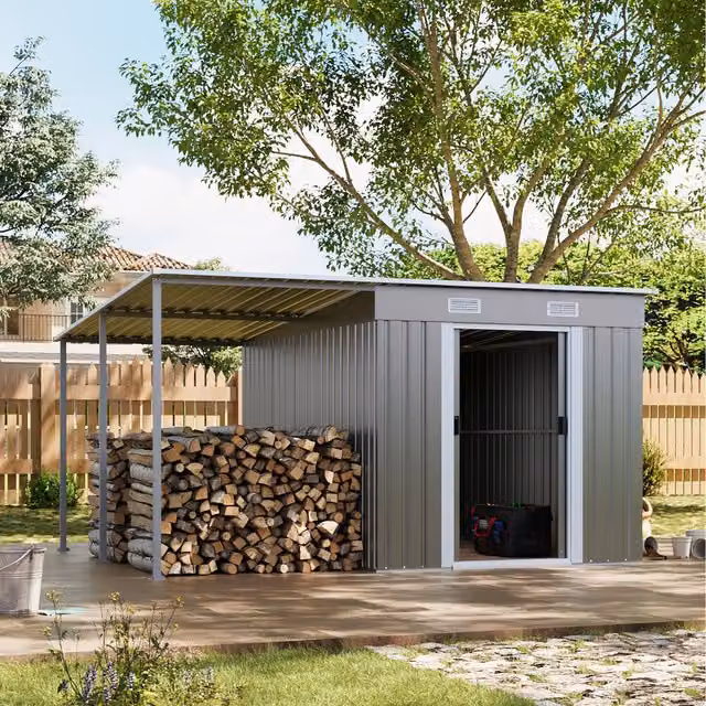 Livingandhome Modern Grey Metal Lean-to Pent Garden Shed with Sliding Doors and Log Storage