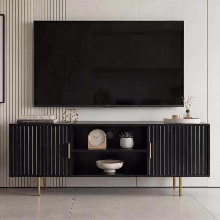 DHS Flutrina Modern Lacquered TV Unit Cabinet in Black, W: 140 cm, D: 40 cm, suitable for TVs up to 55"