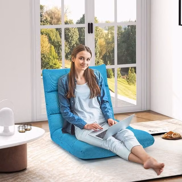 Costway 14-Position Adjustable Modern Floor Chair in Blue Velvet Fabric