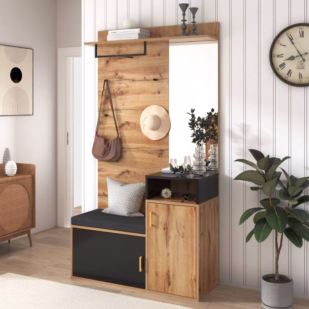 BTM Modern Hallway Wardrobe Set in Black with Mirror, Shoe Cabinet and Bench Seat – 4