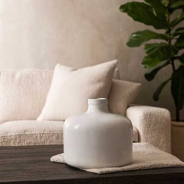 Wyld Haus Sagebloom White Crackle Glazed Short Ceramic Tabletop Vase, Height: 29.0 cm