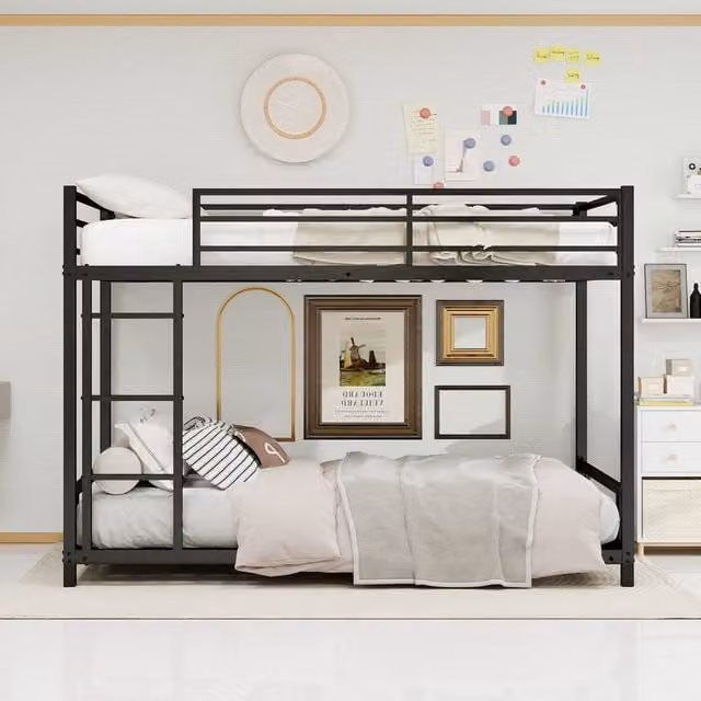 Matteo Black Metal Industrial Bunk Bed with Safety Railing and Ladder, Single Size