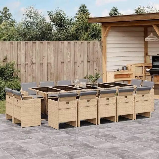 Berkfield Modern Rectangular Garden Dining Set with Folding Glass Top and Beige Polyrattan Details