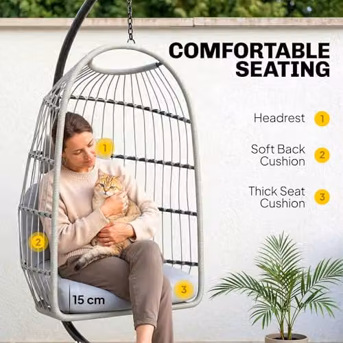 Outsunny Modern Hanging Egg Lounge Chair with Stand and Cushions, Grey – 4