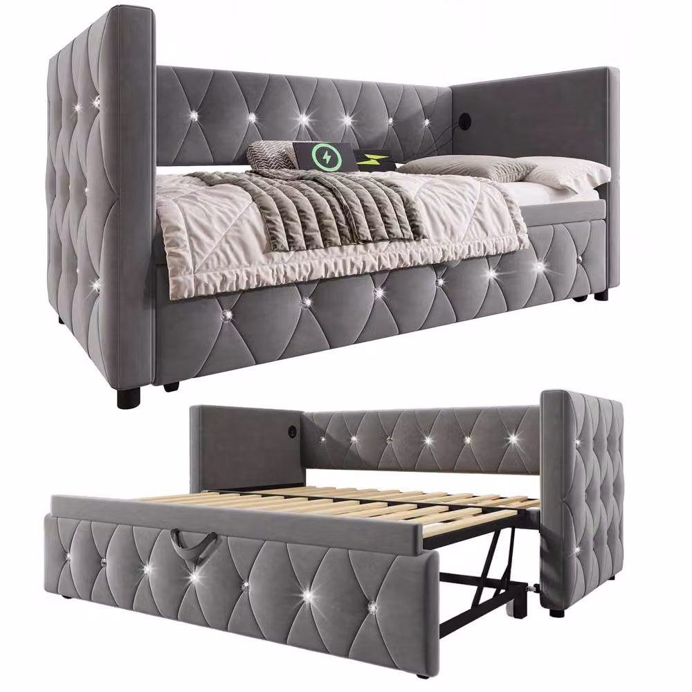 ModernLuxe Grey Velvet Upholstered Single Daybed with Pull Out Trundle Bed, W/D/H: 90 x 190 x 76 cm – 8