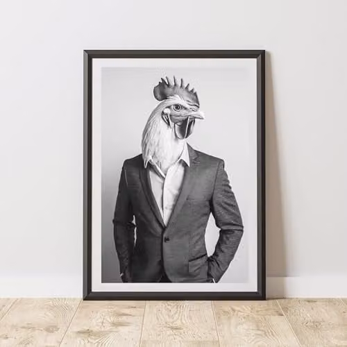 60 Second Makeover Chicken Wearing A Suit Illustration Paper Poster, Black and White, W/H: 29.7 x 29.7 cm