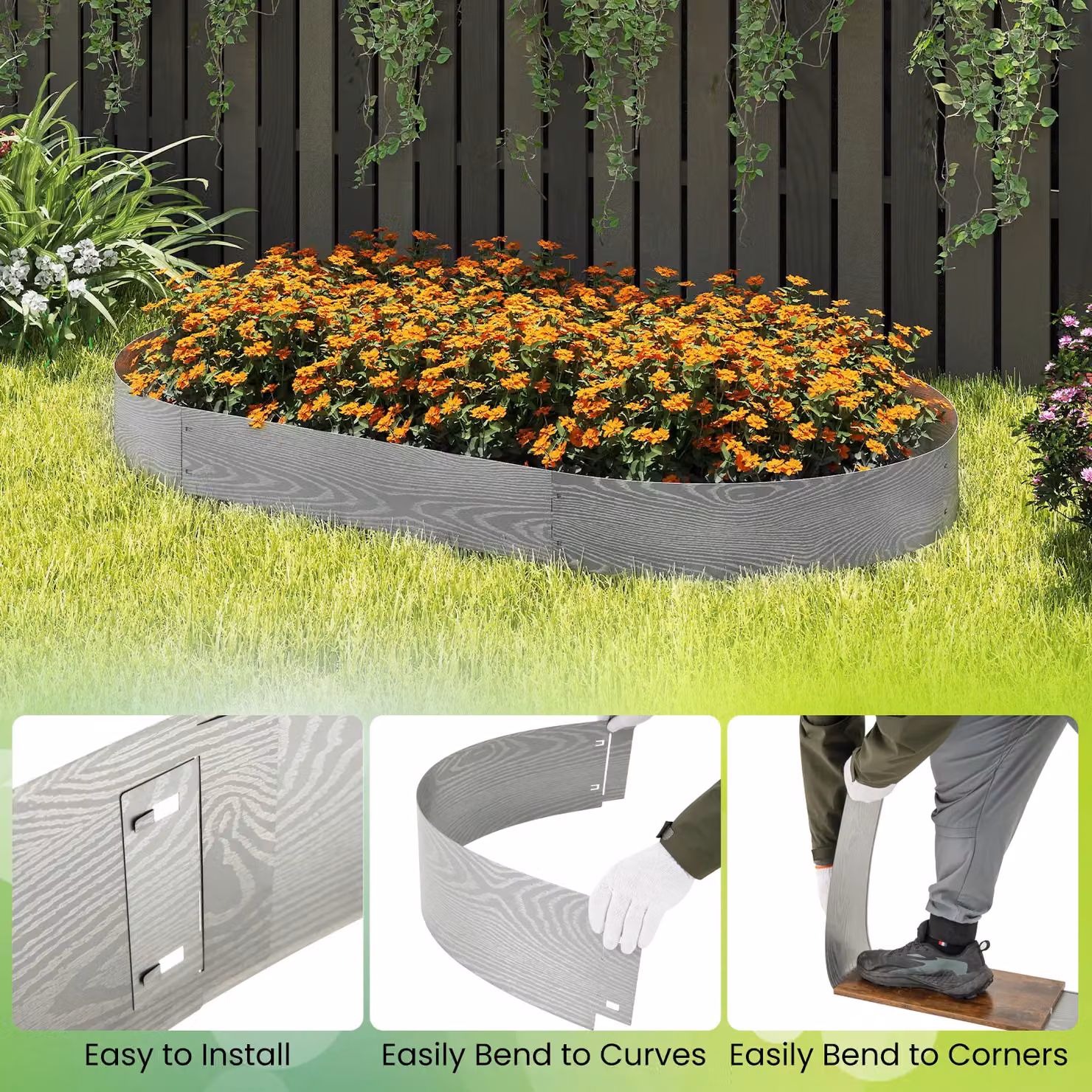 Gymax 6 Pack Silver Galvanised Metal Landscape Edging and Flexible Tree Fence Set – 4
