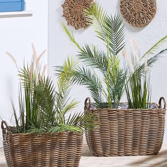 Wyld and Coco Brown PE Rattan Rectangular Plant Baskets Set of 2 with Lining – 1