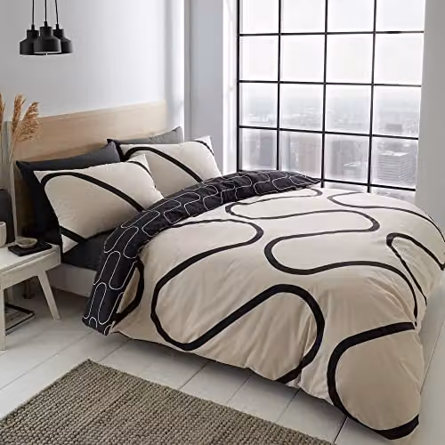 Catherine Lansfield Linear Curve Geometric Reversible Easy Care Duvet Set, Black, Single