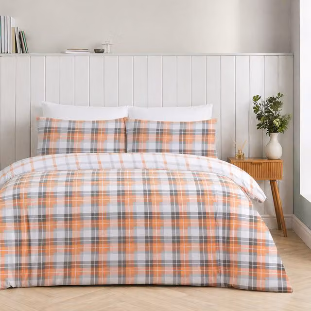 Velosso Reversible Checked Duvet Cover and Pillowcase Set in Orange, Grey and White