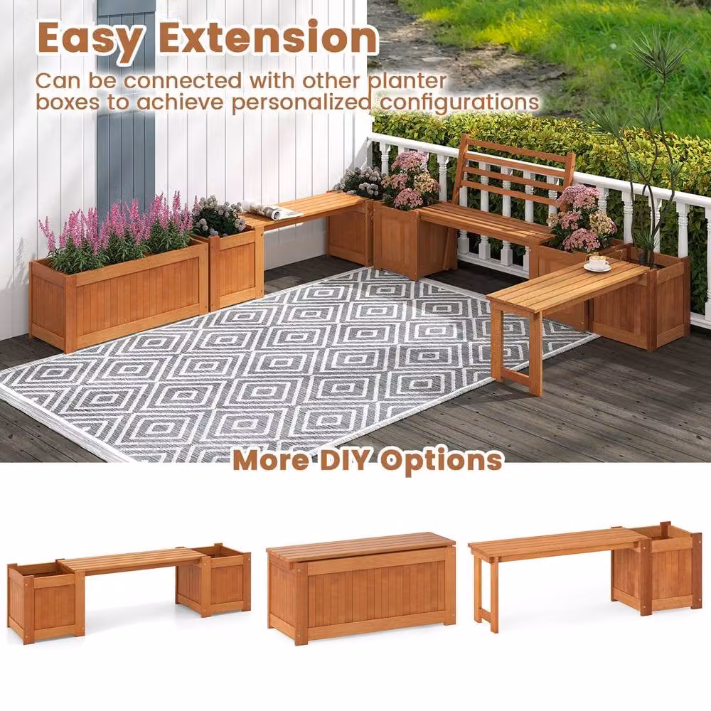 Costway Wood Outdoor Planter Box with Bench Seat and Backrest in Natural Brown – 3