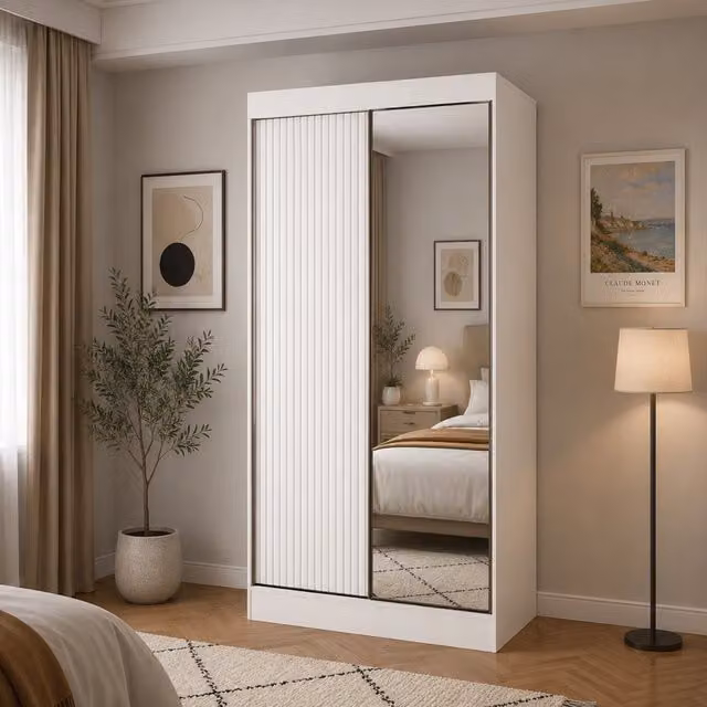 KDMD Berlin 100cm White Matt Sliding Door Wardrobe with Internal Shelves and Hanging Rod