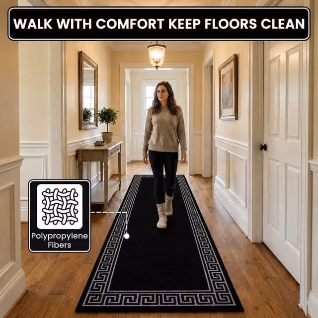 Smart Living Greekey Heavy Duty Non Slip Machine Washable Hallway and Kitchen Door Mat, Black, W: 67 cm x L: 220 cm